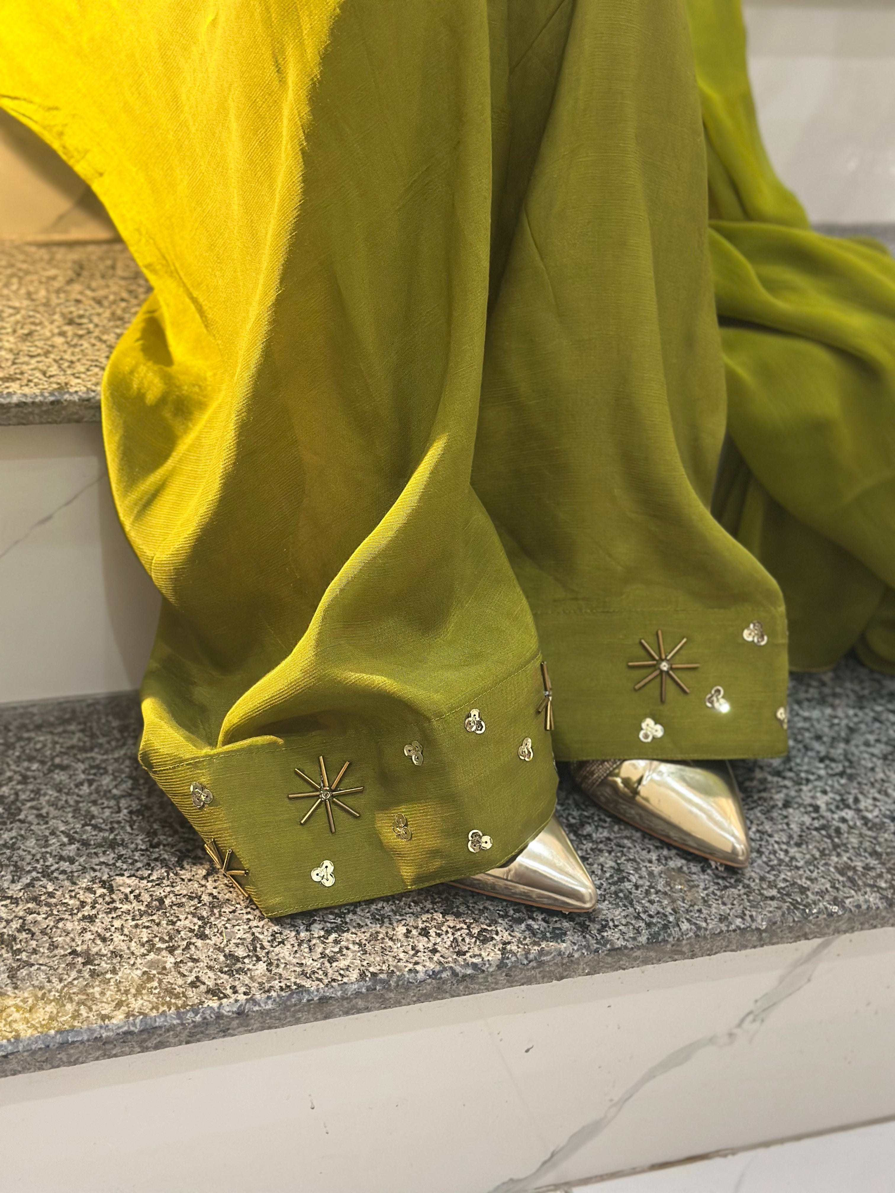 Olive Green Gold Farshi Shalwar Suit