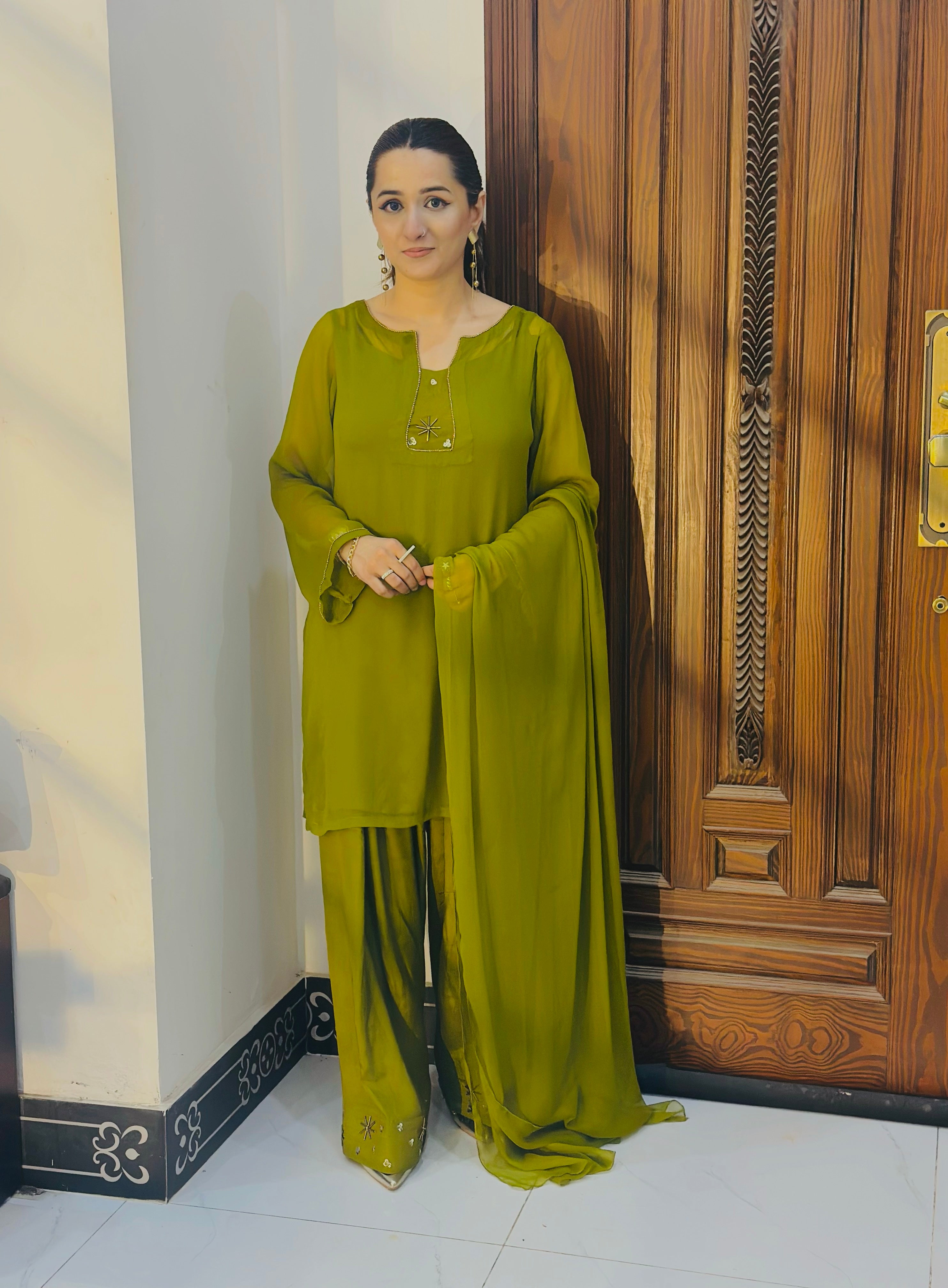 Olive Green Gold Farshi Shalwar Suit