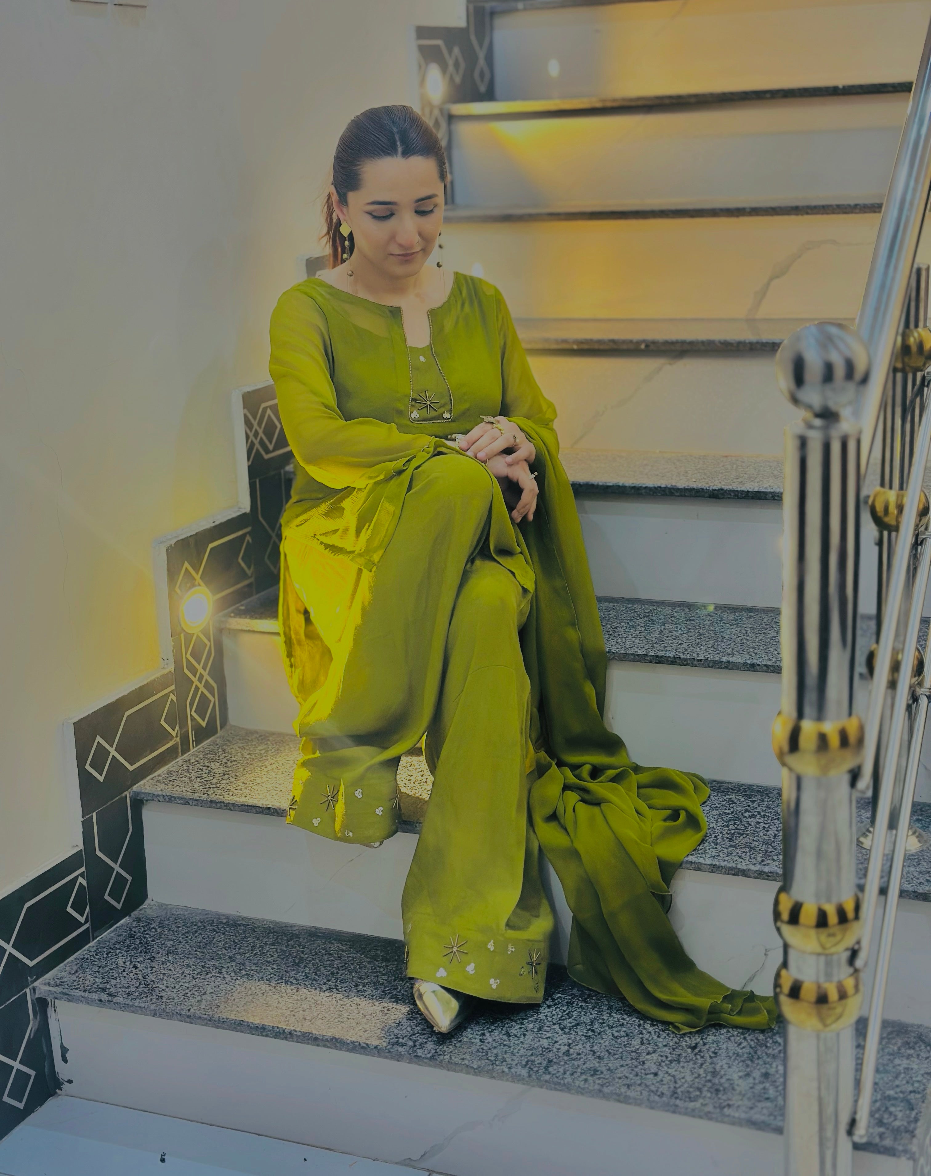 Olive Green Gold Farshi Shalwar Suit