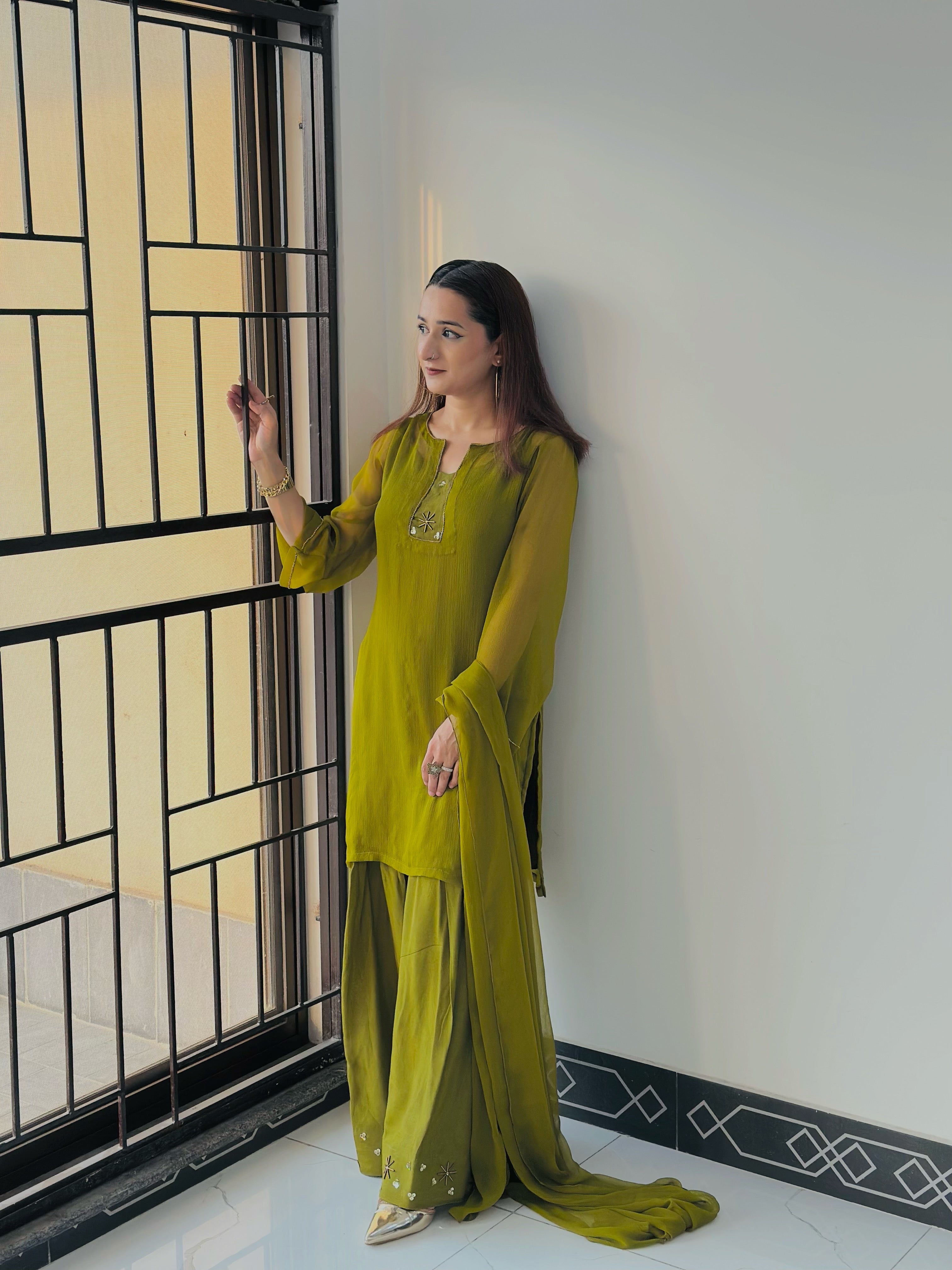 Olive Green Gold Farshi Shalwar Suit