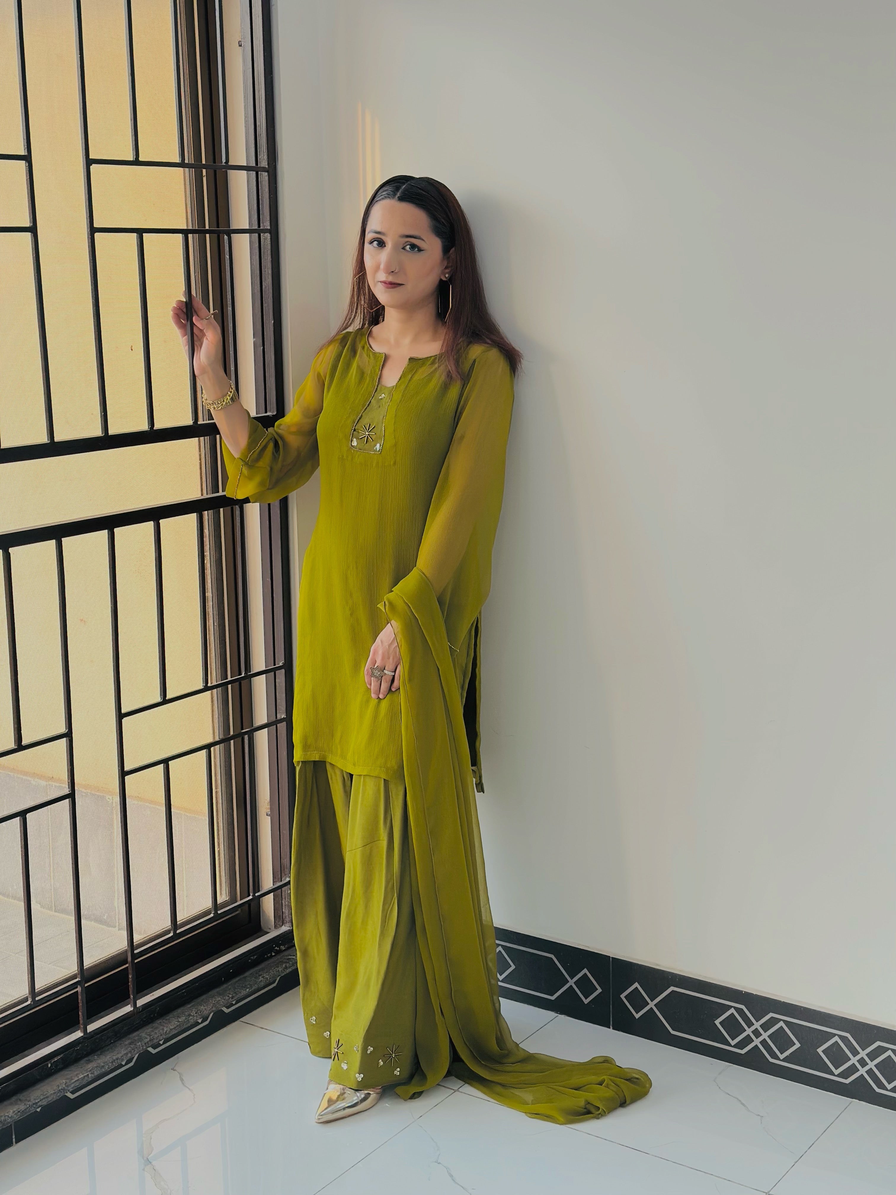 Olive Green Gold Farshi Shalwar Suit