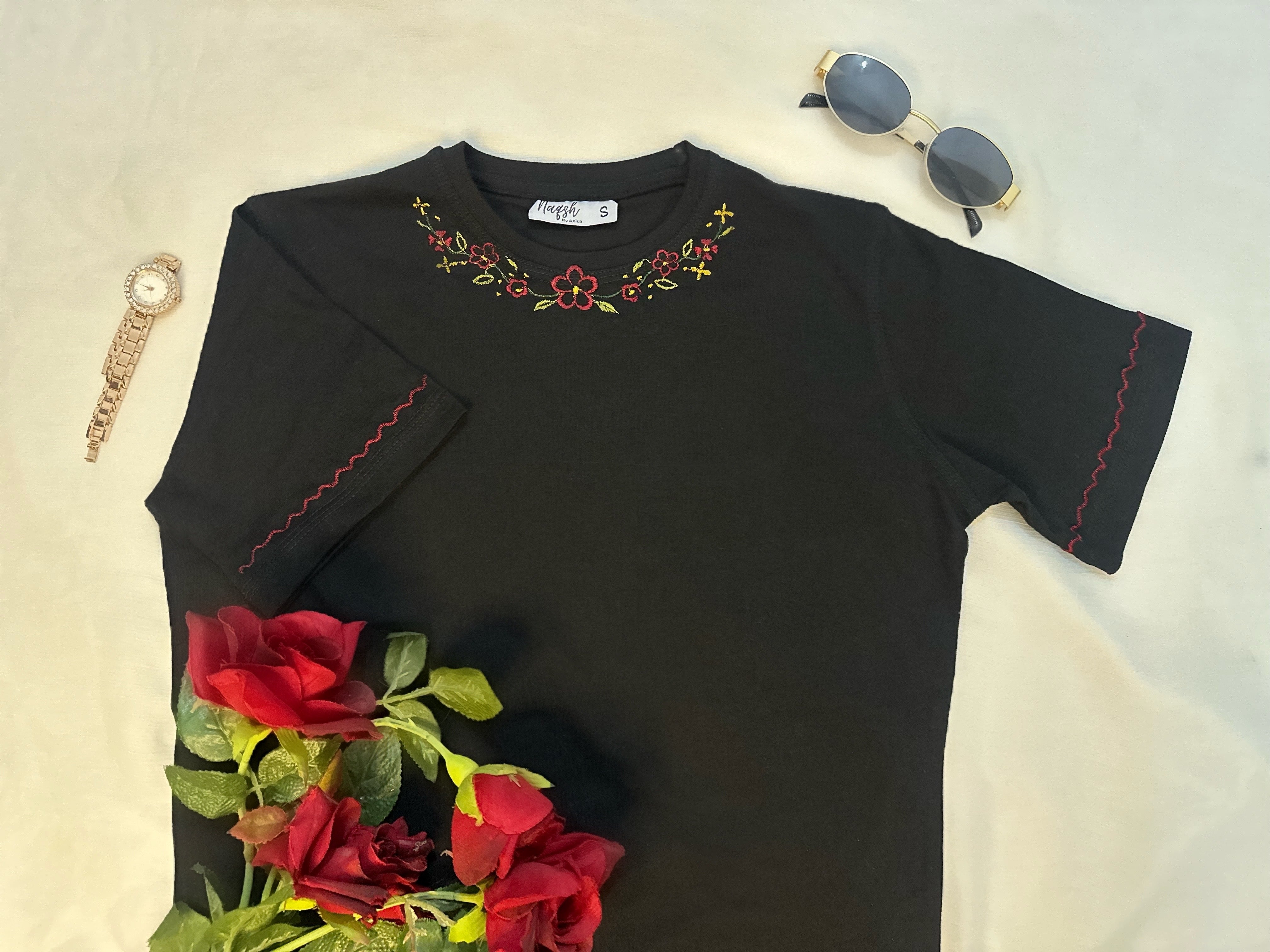 Embroidered Floral Tee – Black